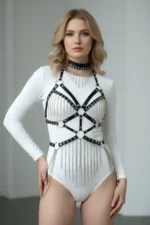 Leather Chain Harness, Leather Dancer Costume, Choker Detail Leather Harness - SH1397 - Image 2