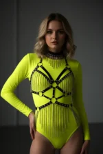 Leather Chain Harness, Leather Dancer Costume, Choker Detail Leather Harness - SH1397