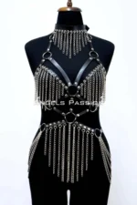 Leather and Chain Detail Harness Set, Leather Dancer Costume, Choker Detail Leather Harness - SH1397 - Image 4