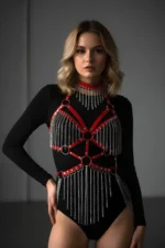 Leather and Chain Detail Harness Set, Leather Dancer Costume, Choker Detail Leather Harness - SH1397