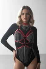 Leather and Chain Detail Harness Set, Leather Dancer Costume, Choker Detail Leather Harness - SH1397 - Image 2