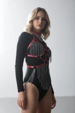 Leather and Chain Detail Harness Set, Leather Dancer Costume, Choker Detail Leather Harness - SH1397 - Image 3