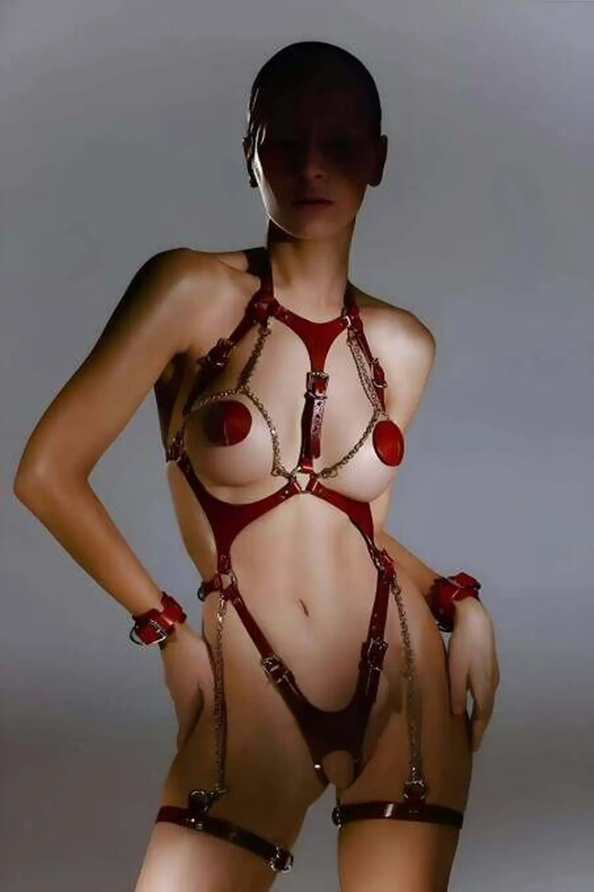 132936.webp Leather Body Harness with Handcuffs, Open Mesh Fantasy Leather String Set - SH1098 - Image 1