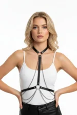 Black Women's Leather Body Belt with Chain Detail - SH5