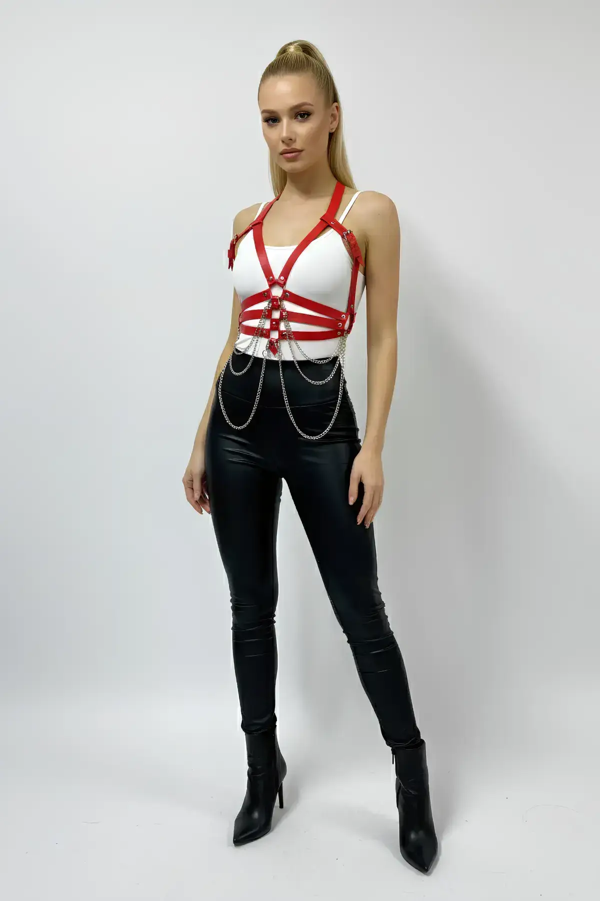Red Women's Faux Leather Body Belt with Chain Detail - SH9