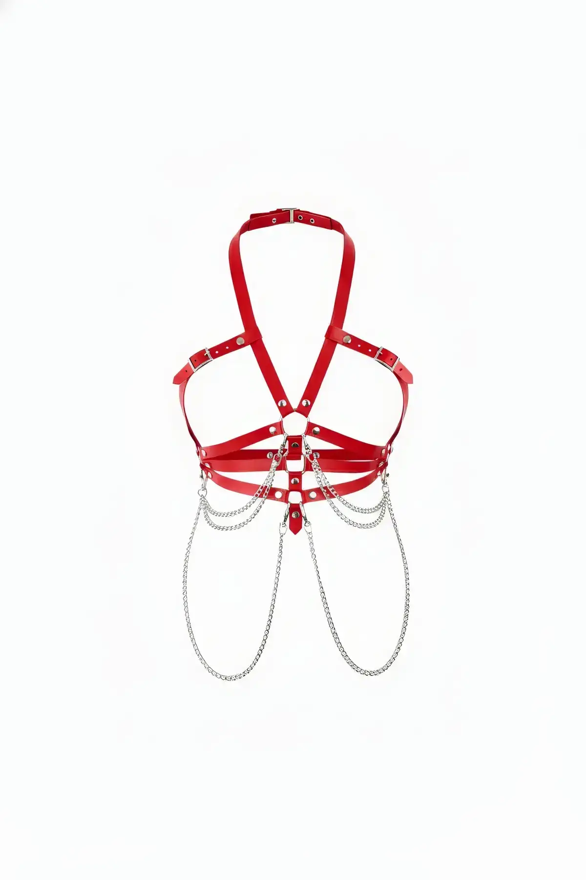 Red Women's Leather Body Accessory with Belt and Chain Detail - SH9