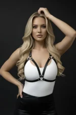 Black Chest Harness for Women, Faux Leather with Metal Ring Detail - SH25