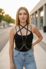 Black Women's Belt Faux Leather Cross Strap Body Belt - SH52 - Image 2