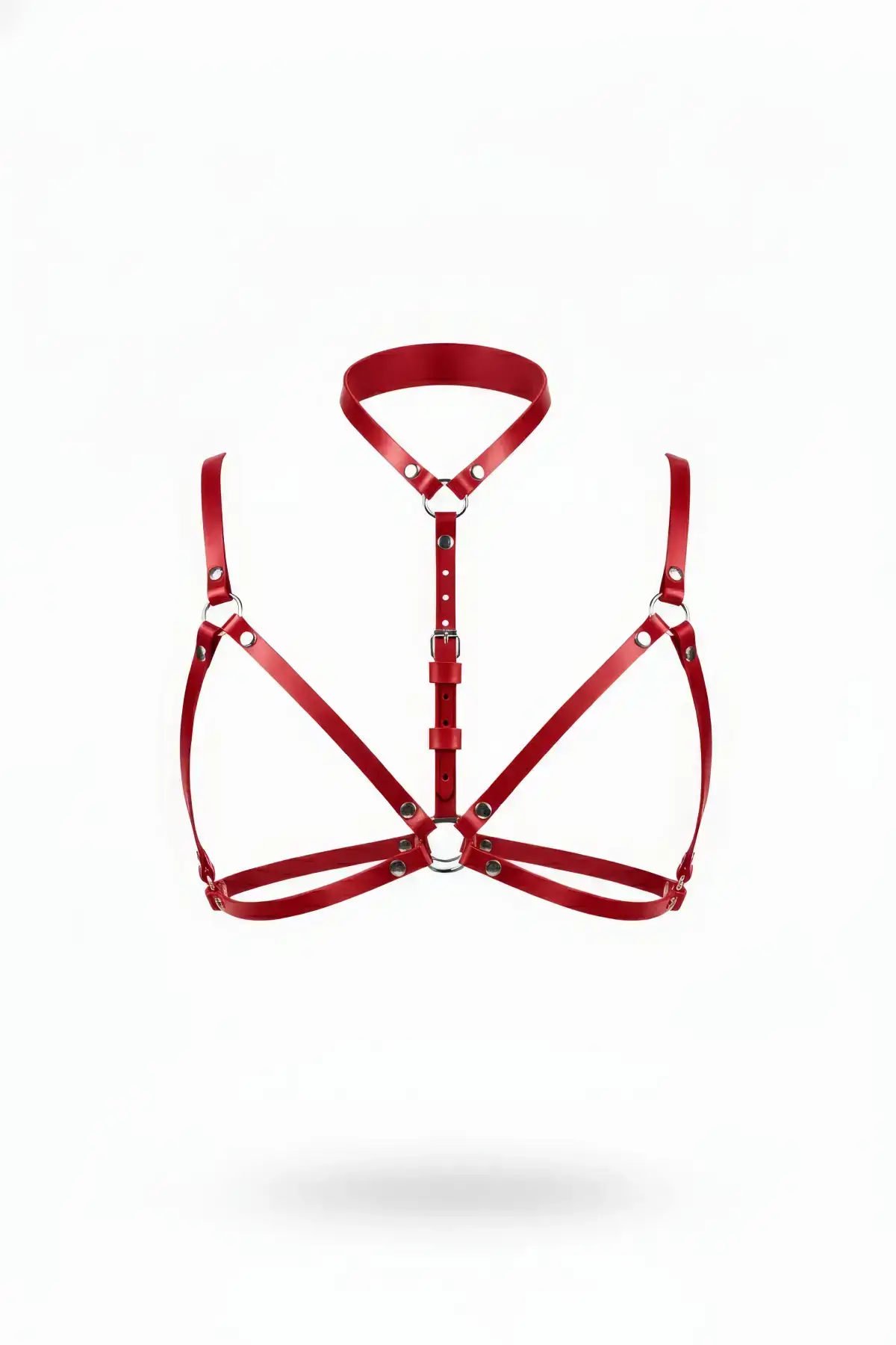 Red Chest Harness with Leather Neck Collar and O-Ring Detail - SH197