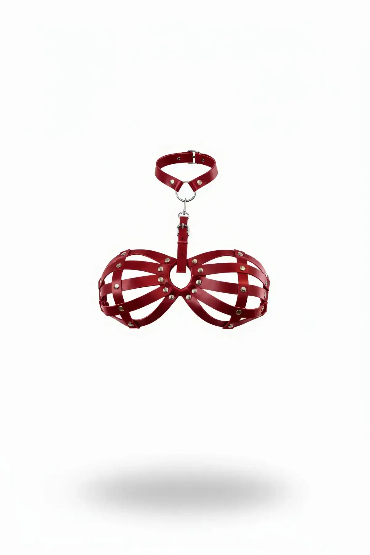 Red Chest Harness Leather Cage with Stud Detail Neck Collar - SH224