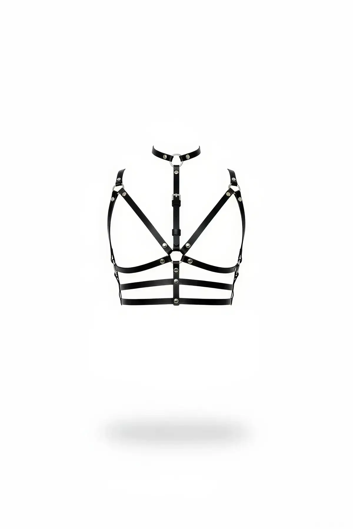 Black Chest Harness with Leather Neck Strap, Adjustable Metal Details - SH235