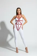 Red Body Harness for Women, Leather with Metal Ring Detail - SH243 - Image 2