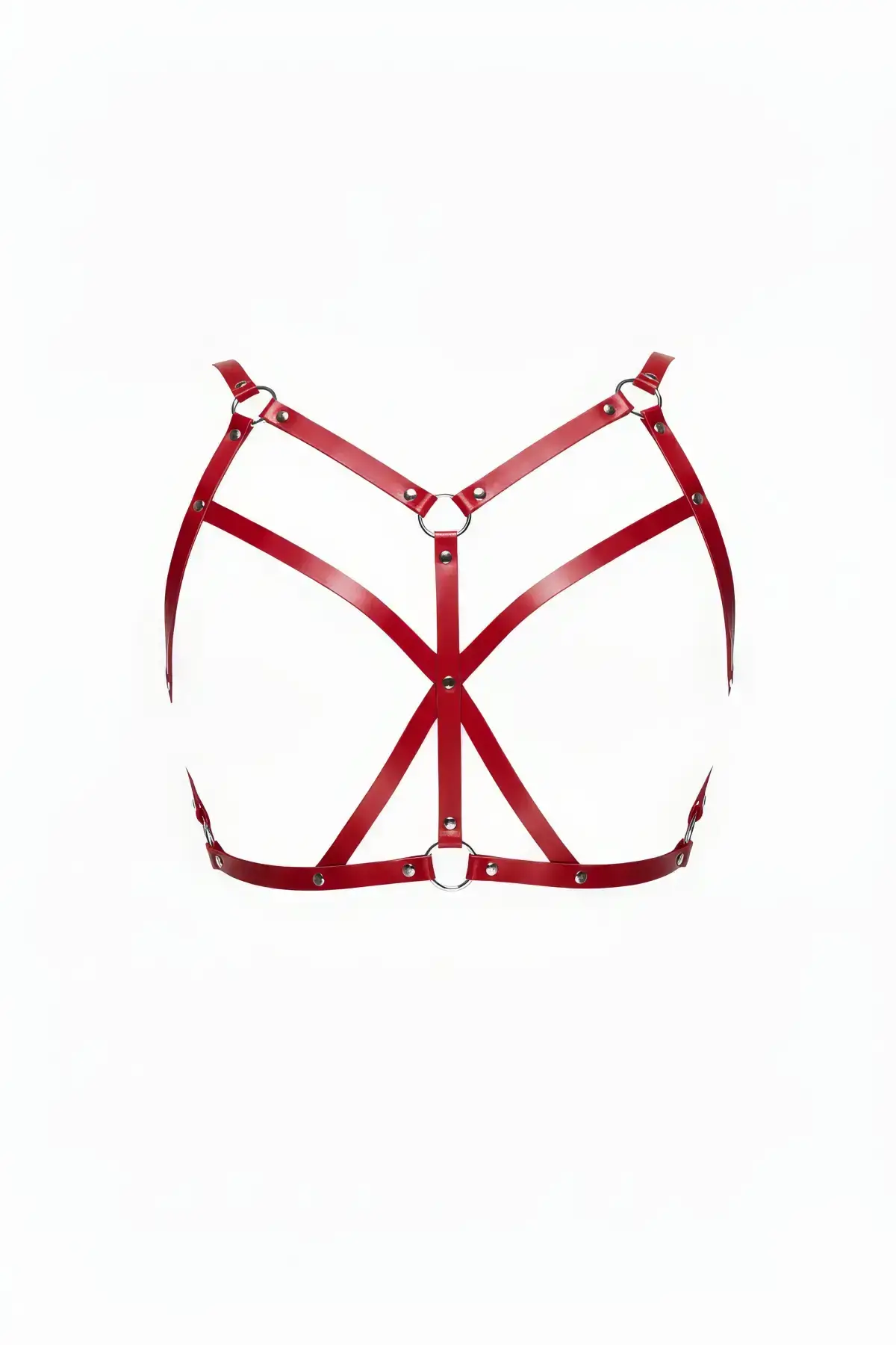 Red Leather Chest Harness with Cross Straps and O-Ring Detail - SH247