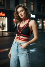 Red Women's Belt, Leather Look, Multiple Straps with Ring Detail - SH296 - Image 3