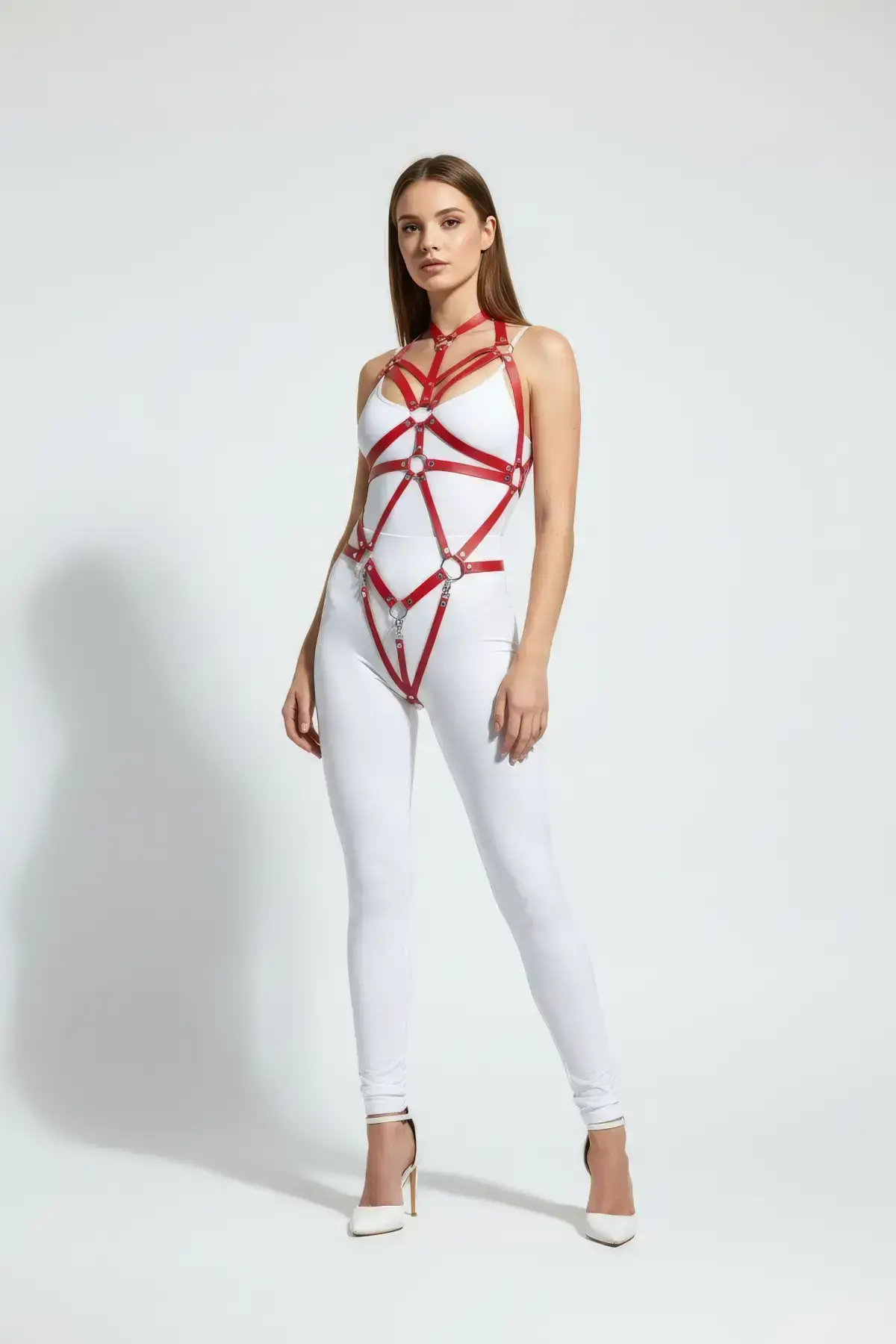 Red Leather Body Harness with Metal Ring Details - SH316