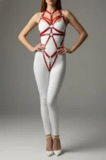 Red Leather Body Harness with Metal Ring Details - SH316 - Image 3