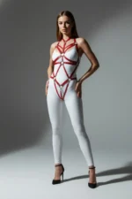 Red Leather Body Harness with Metal Ring Details - SH316 - Image 4