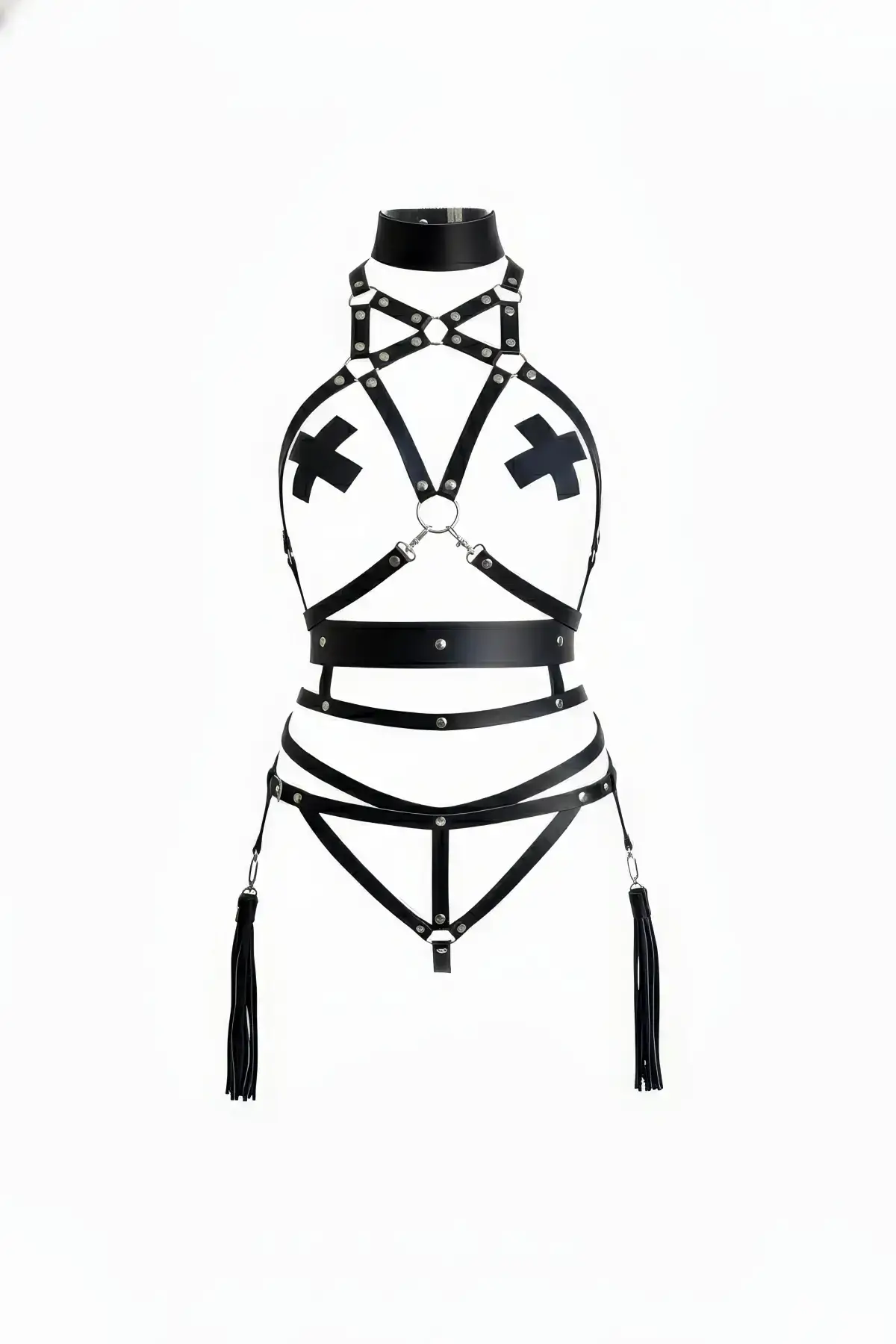 Black Harness Set, Faux Leather, Studded High Collar Detail - SH402