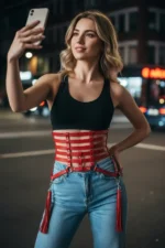 Red Women's Belt Wide Corset Detail Leather Belt - SH408 - Image 2