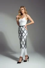 Black Skirt with Leather Band and Ring Detail, Midi Skirt - SH410 - Image 3