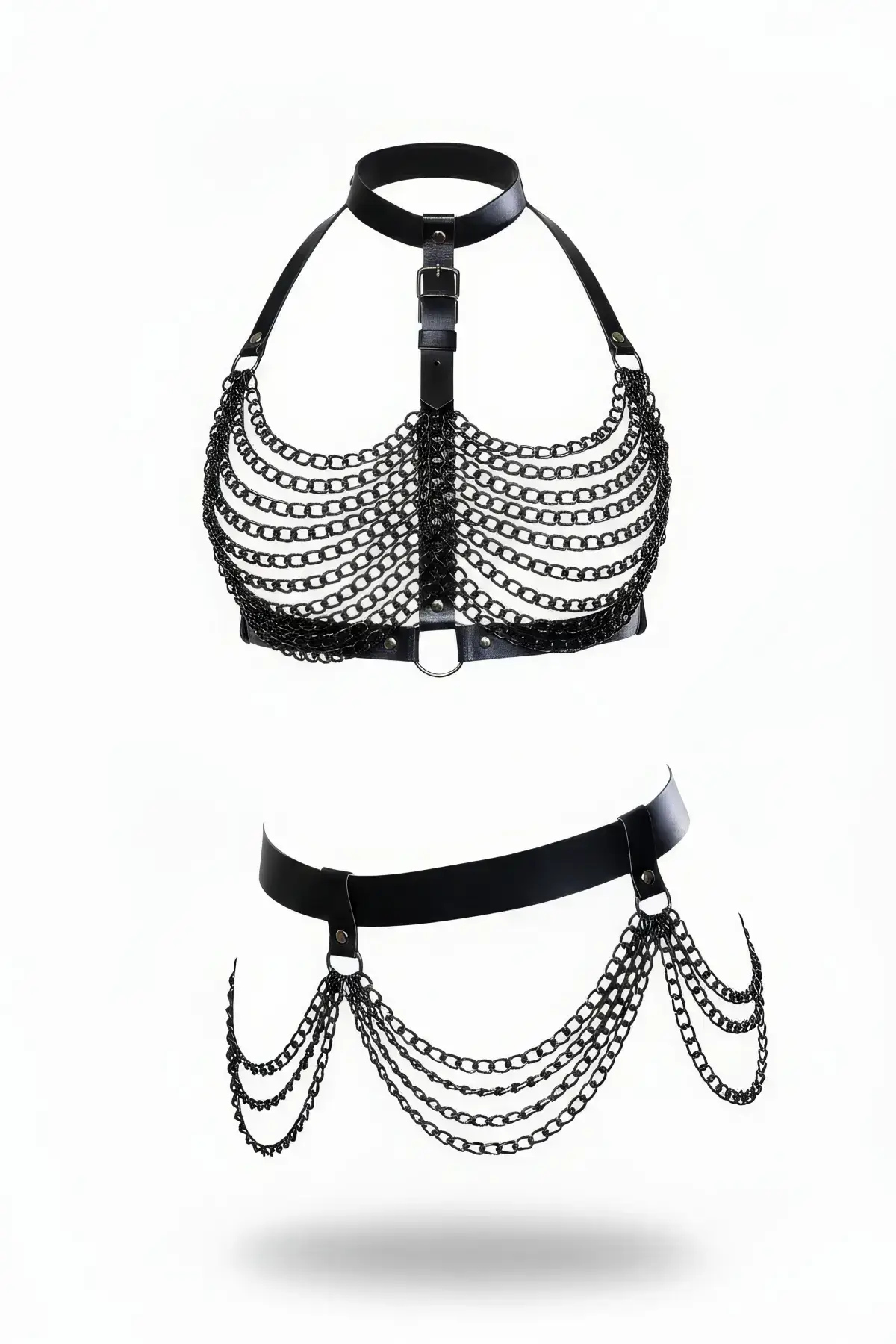 Black Women's Belt with Leather Chain Detail Body Accessory - SH438