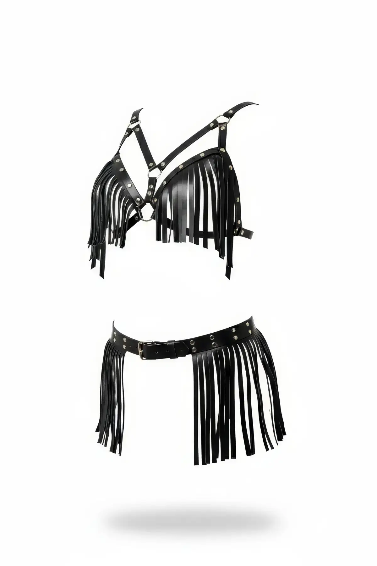 Black Women's Belt with Tassel, Studded and Ring Detail - SH440