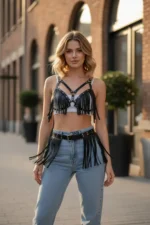 Black Women's Belt with Studs and Tassels, Festival Accessory - SH440