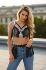 Black Women's Belt with Studs and Tassels, Festival Accessory - SH440 - Image 2