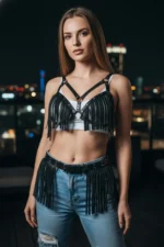 Black Women's Belt with Studs and Tassels, Festival Accessory - SH440 - Image 4