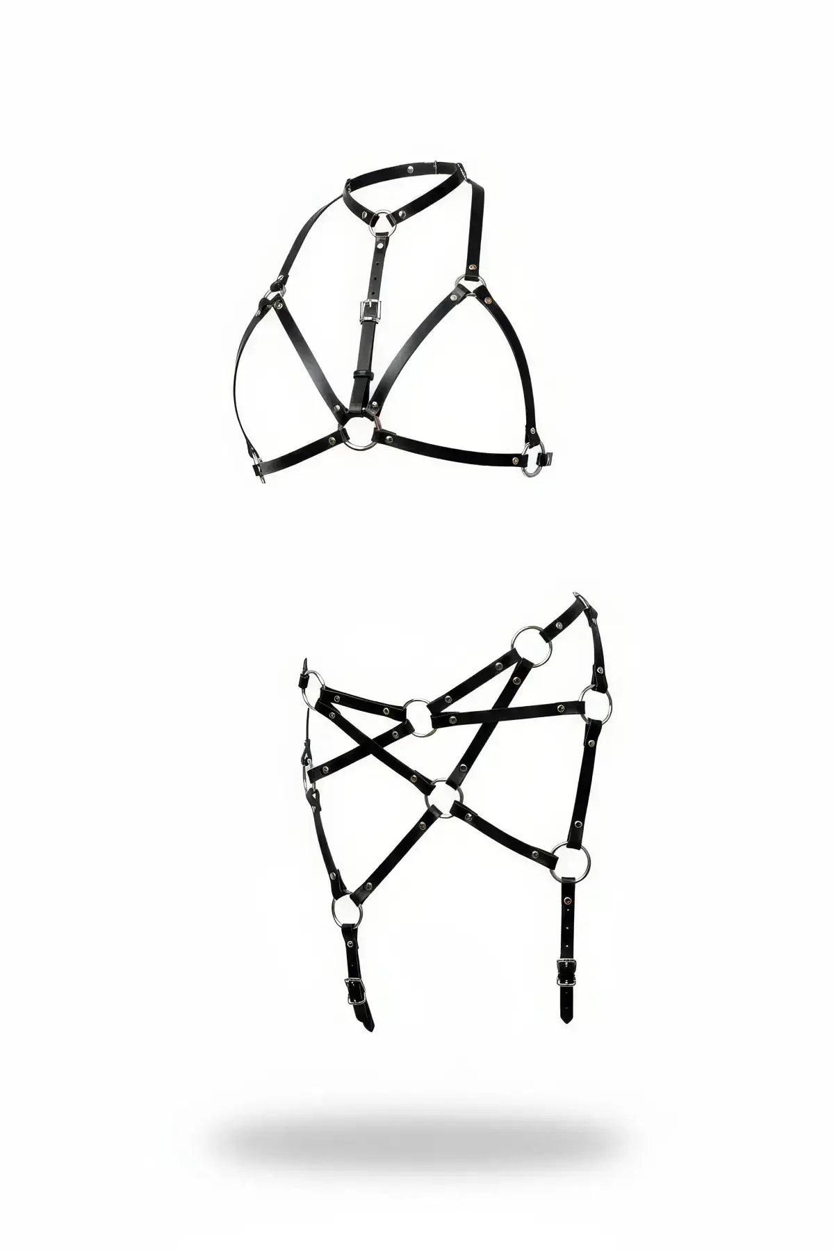 Black Leather Harness Set with Metal Ring Details - SH444