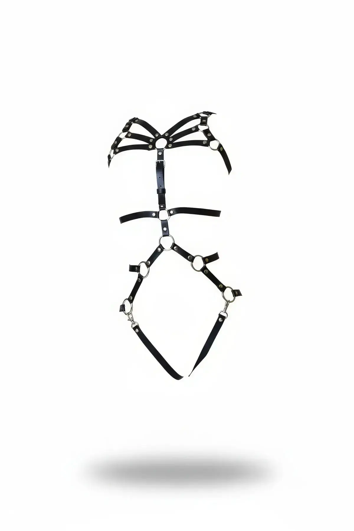 Black Body Harness, Faux Leather, Adjustable with Metal Ring Details - SH453