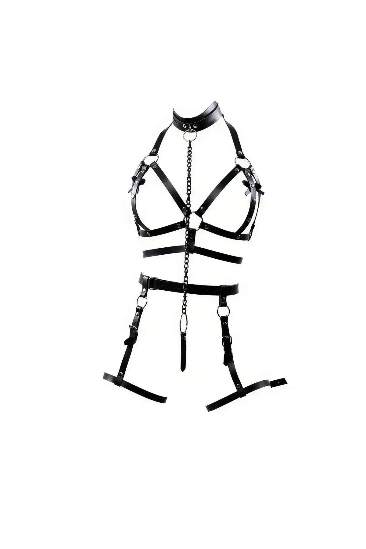 Black Harness Set with Chain Detail, High Collar Body Accessory - SH457