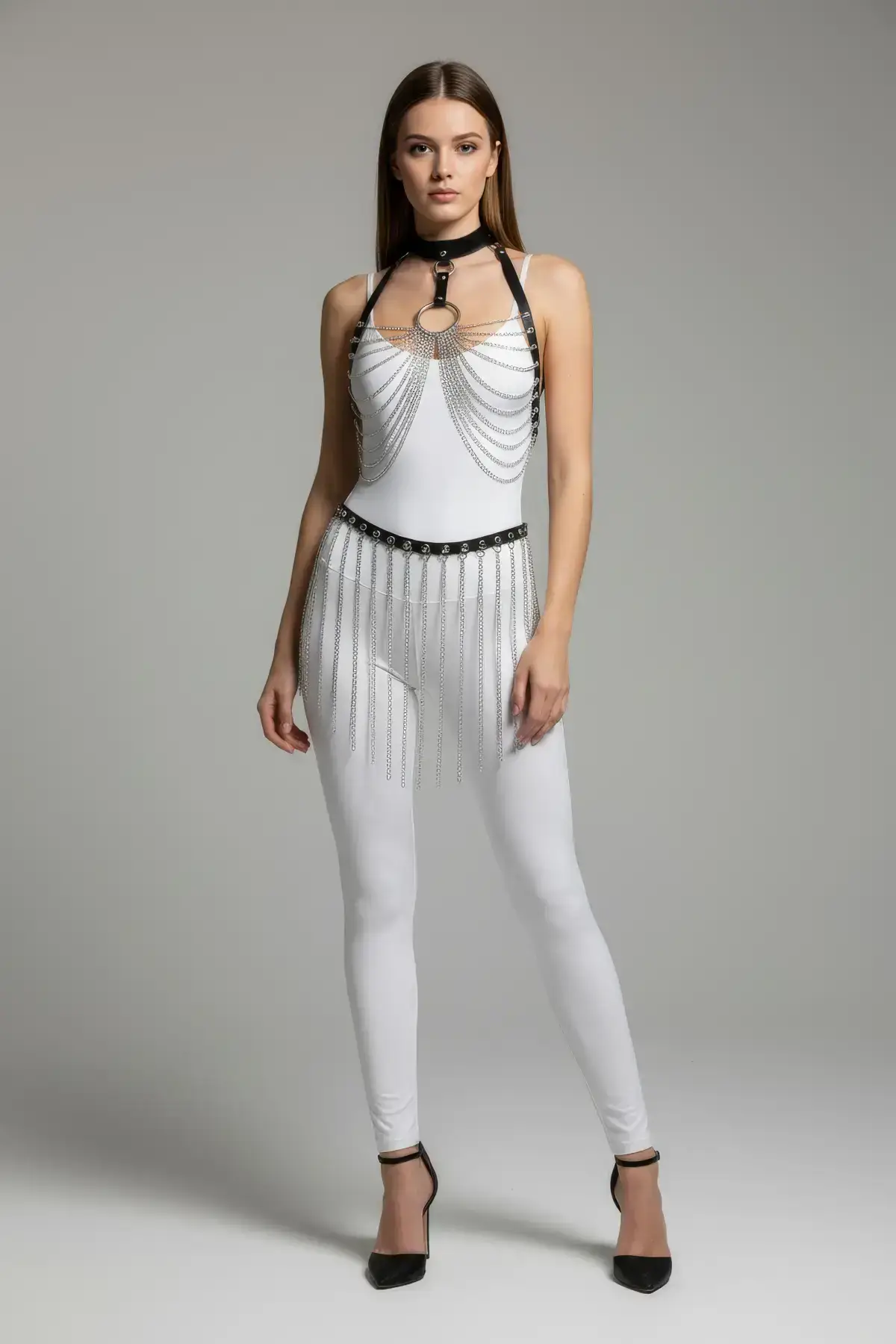 Black Skirt with Metal Chain Detail, High Waist Skirt - SH462