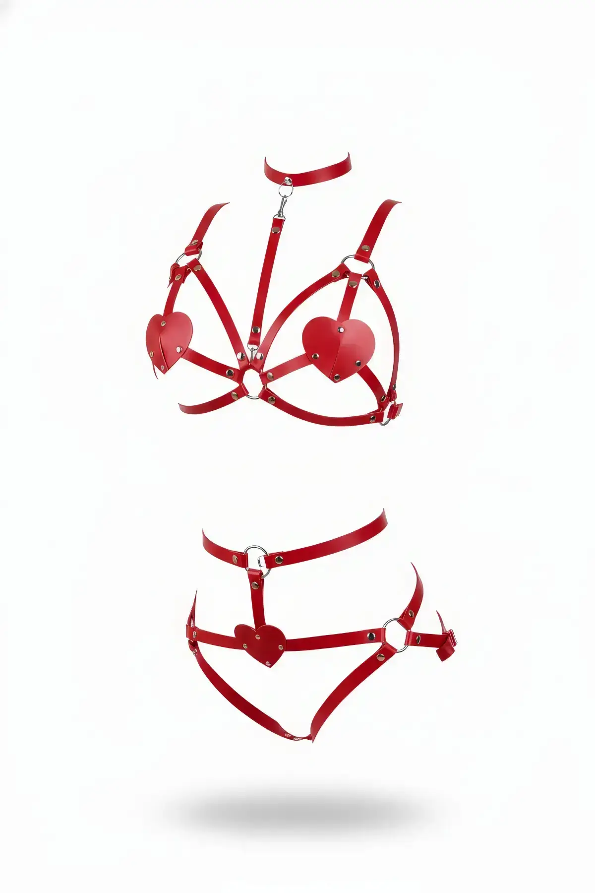 Red Harness Set with Heart Detail Leather Body Accessory - SH467