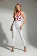 Red Chest Harness with Shiny Leather Neck Detail - SH473 - Image 2