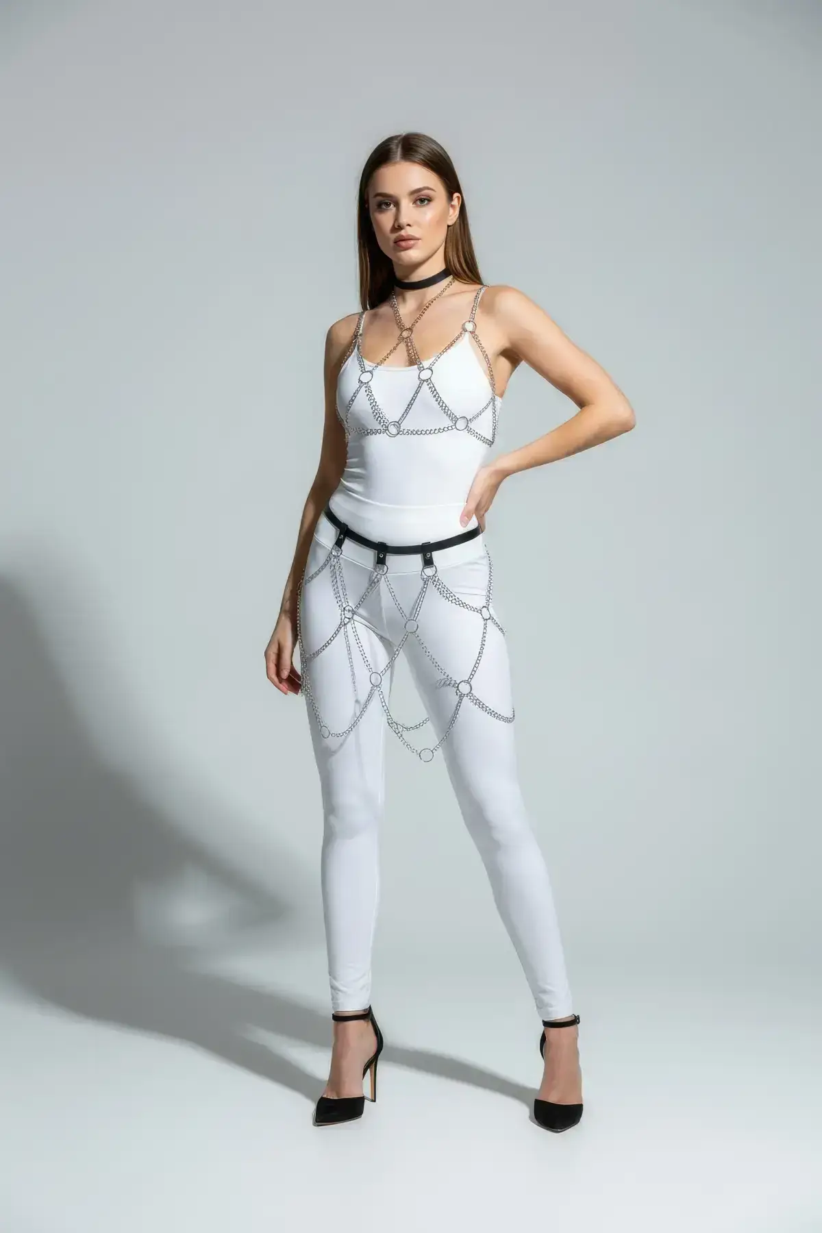 Black Skirt with Silver Chain Detail, Waist and Leg Accessories - SH475