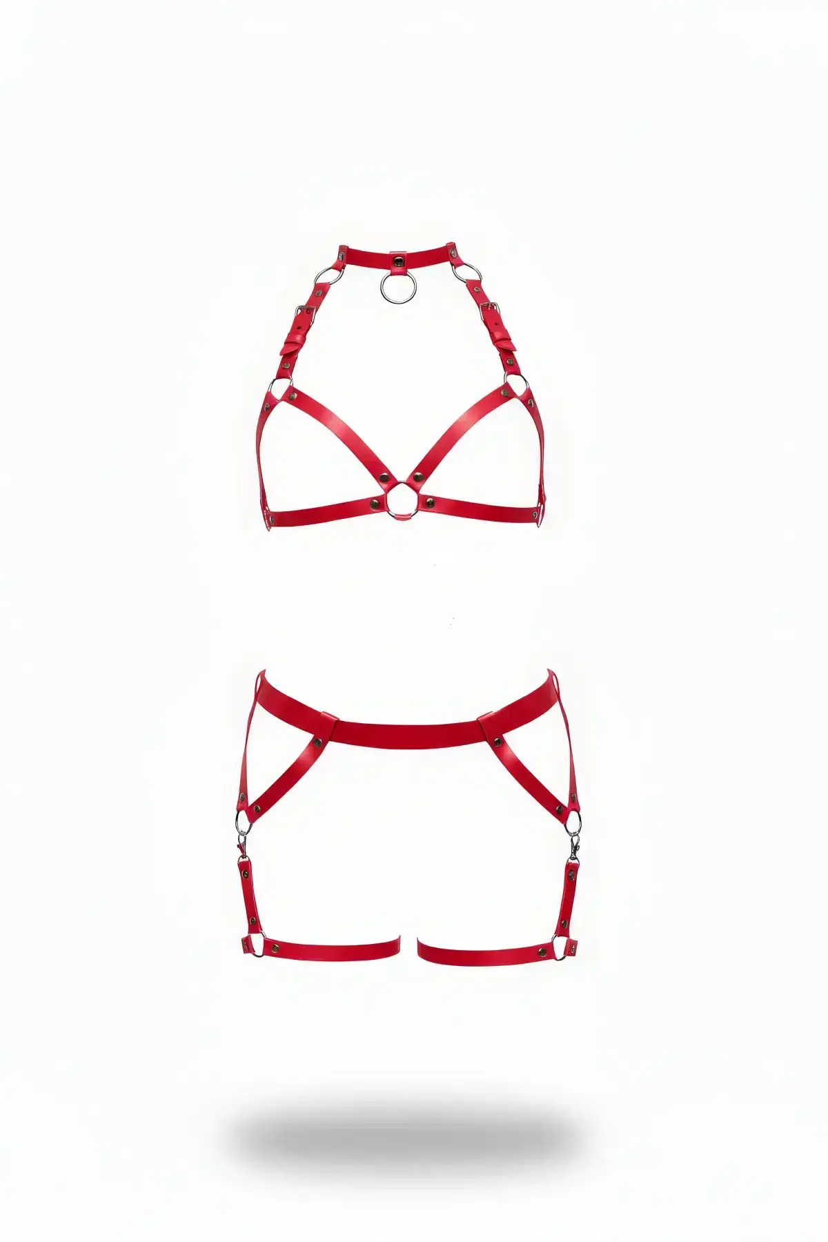 Red Harness Set Leather Body Belt with Ring Detail - SH478