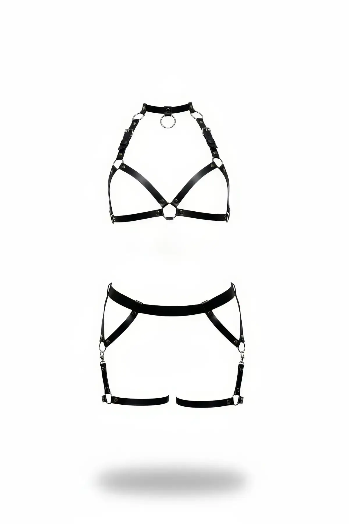 Black Harness Set Faux Leather with Ring Detail - SH478