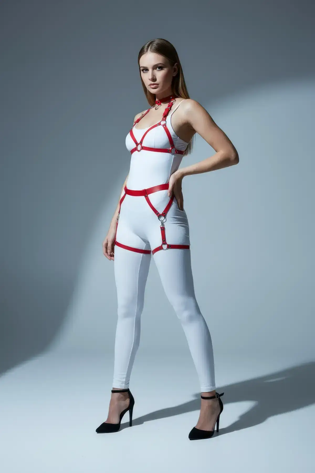 Red Harness Set Leather Body Accessory with Metal Ring Details - SH478