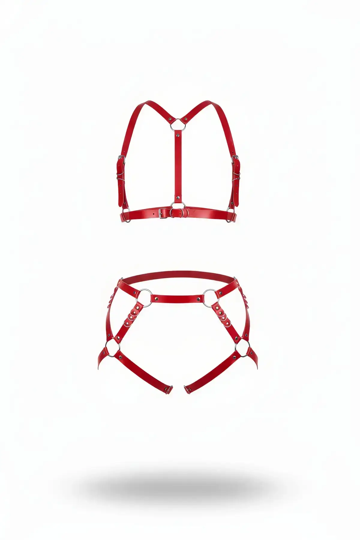 Red Leather Harness Set with Adjustable Metal Ring Details - SH480