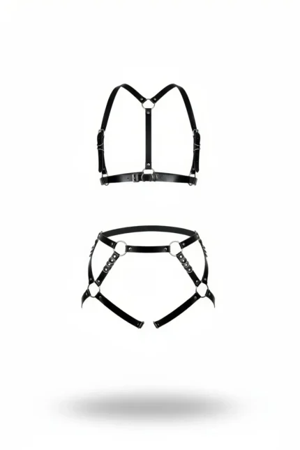 Black Leather Harness Set with Metal Ring Details - SH480