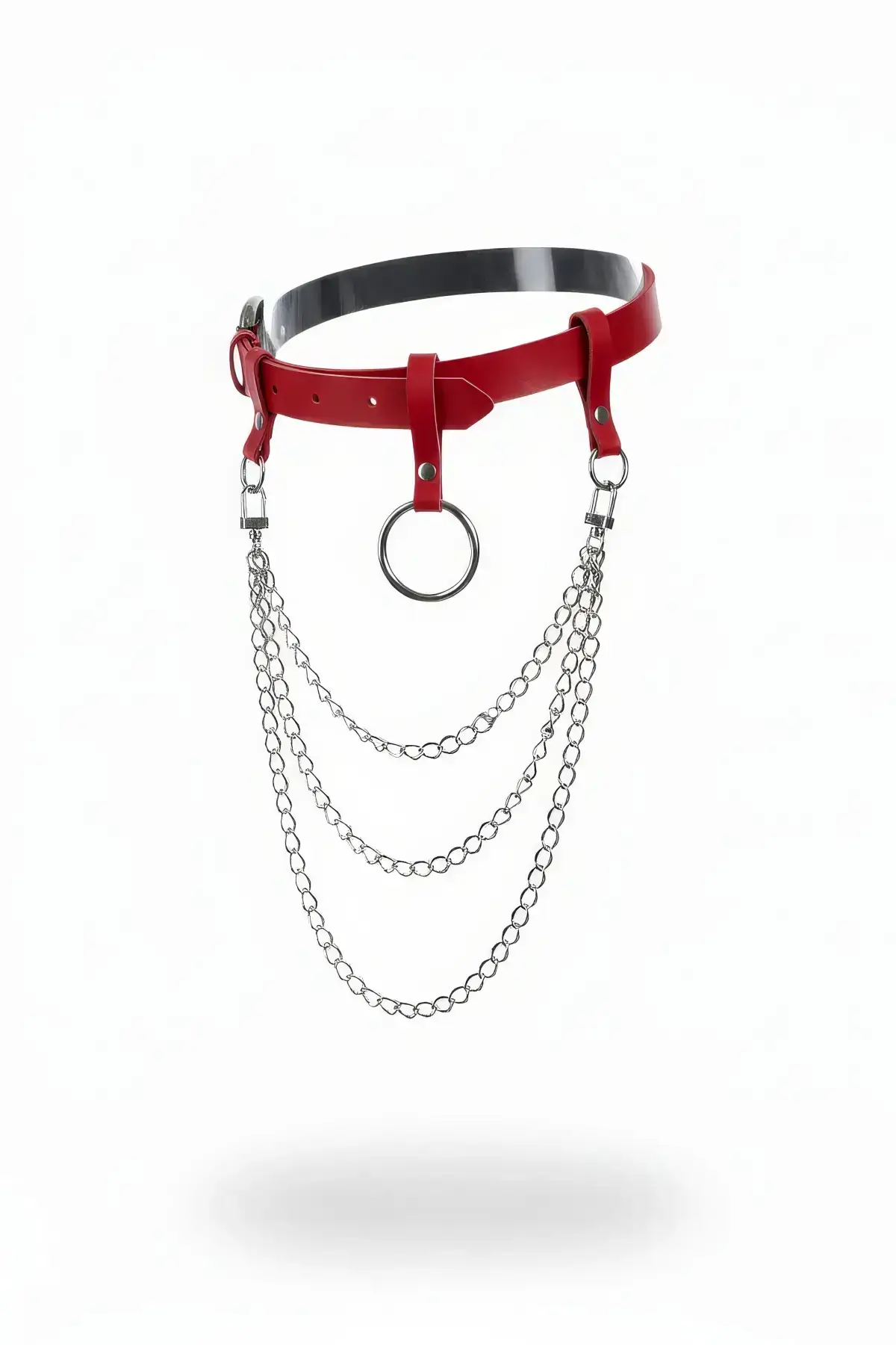Red Women's Belt with Chain Detail, Thick Faux Leather - SH484