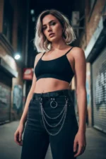 Black Women's Belt with Chain Detail Slim Waist Accessory - SH484 - Image 2