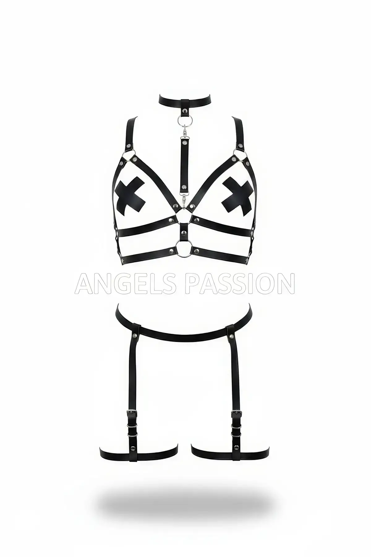 Black Harness Set with Cross Detail and Ringed Garters - SH488