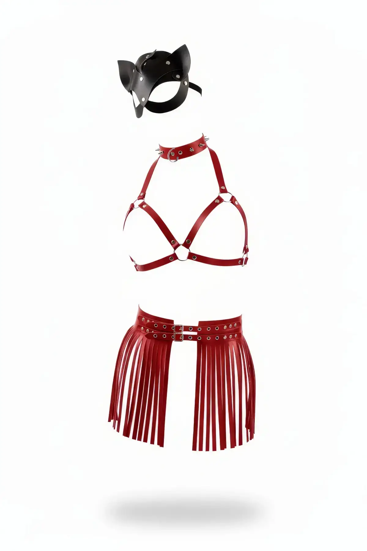 Red Skirt with Leather Stud Detail and Buckle Closure - SH495