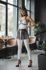 Black Skirt, Faux Leather Skirt, Skirt with Stripe Detail, Mini Skirt - SH495 - Image 4