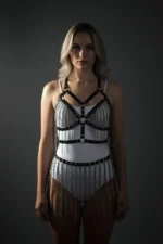 Black Skirt with Leather Belt and Long Chain Detail - SH496 - Image 5