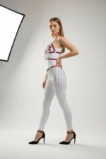 Red Skirt with Chain Detail, Faux Leather Skirt - SH496 - Image 2