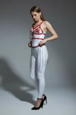 Red Skirt with Chain Detail, Faux Leather Skirt - SH496 - Image 4