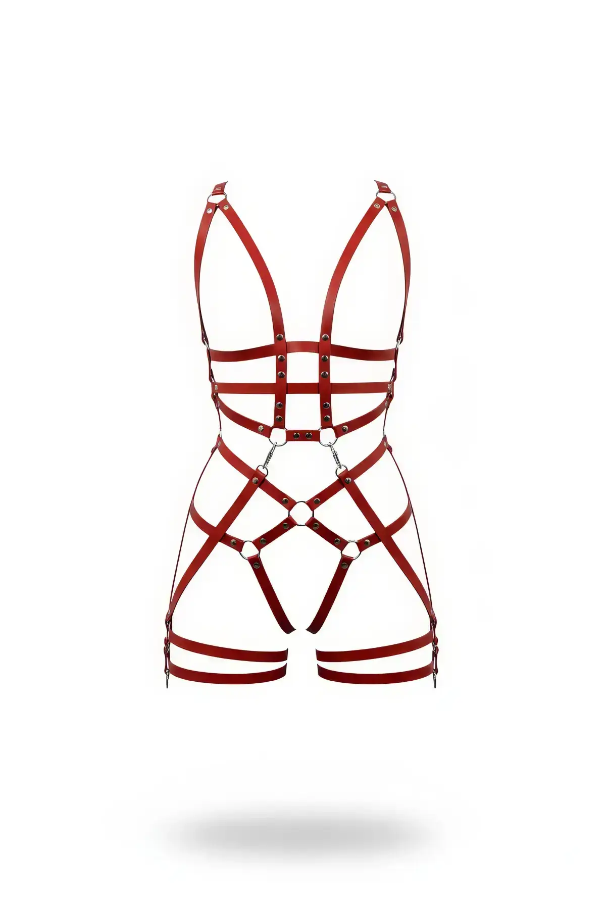 Red Garter Harness, Leather Textured Body Accessory with Metal Ring Details - SH502